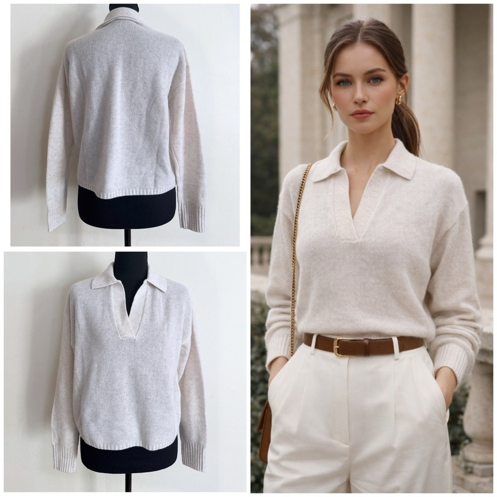 VGUC Aqua CASHMERE Cream Off White 100% Cashmere Polo Collar Sweater Small​